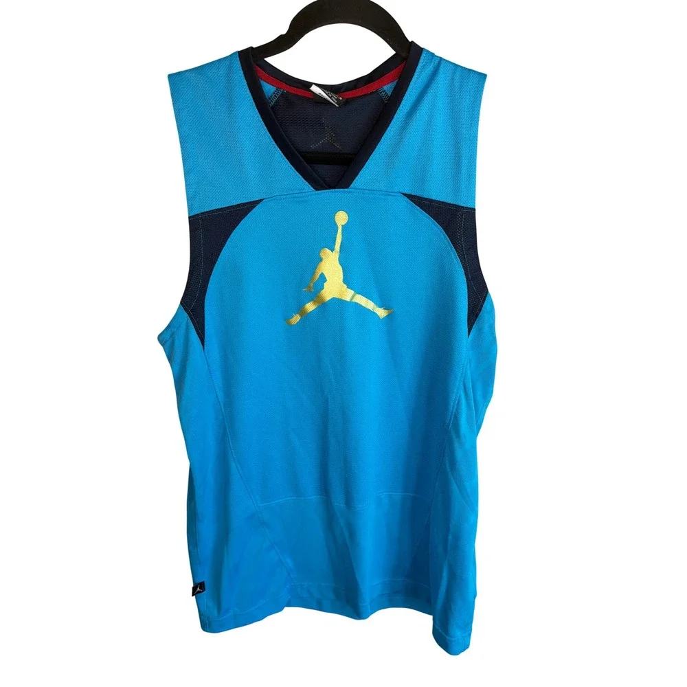 Jordan Brand Mens Dri-FIT Basketball Tank Top Blue Gold Jumpman Jersey Large
